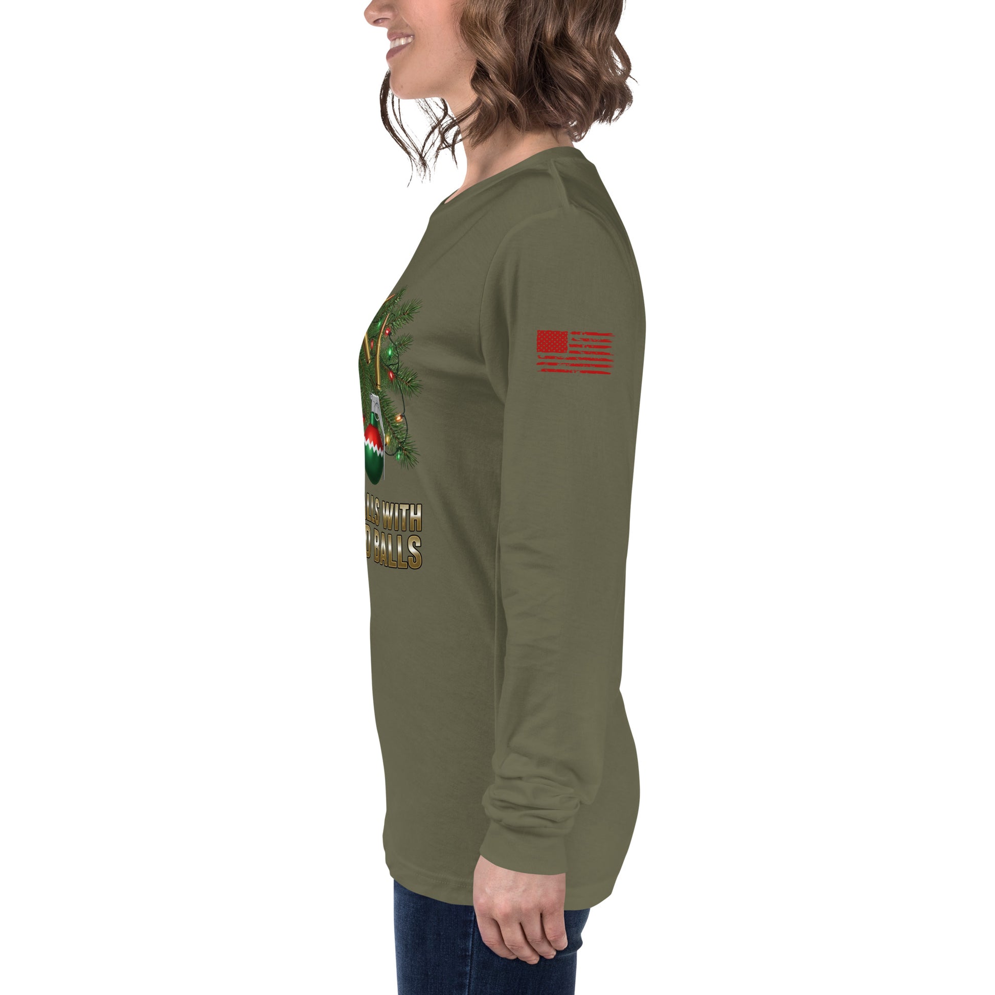 Deck the Halls American Flag on Left Sleeve Army green shirt