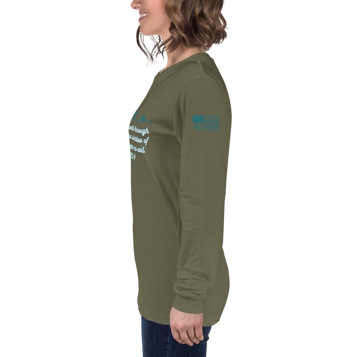 Side view of Psalms 23:4 faith long sleeve shirt on model left arm green