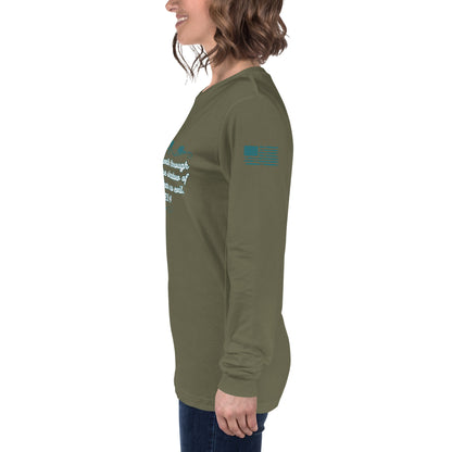 Side view of Psalms 23:4 faith long sleeve shirt on model left arm green
