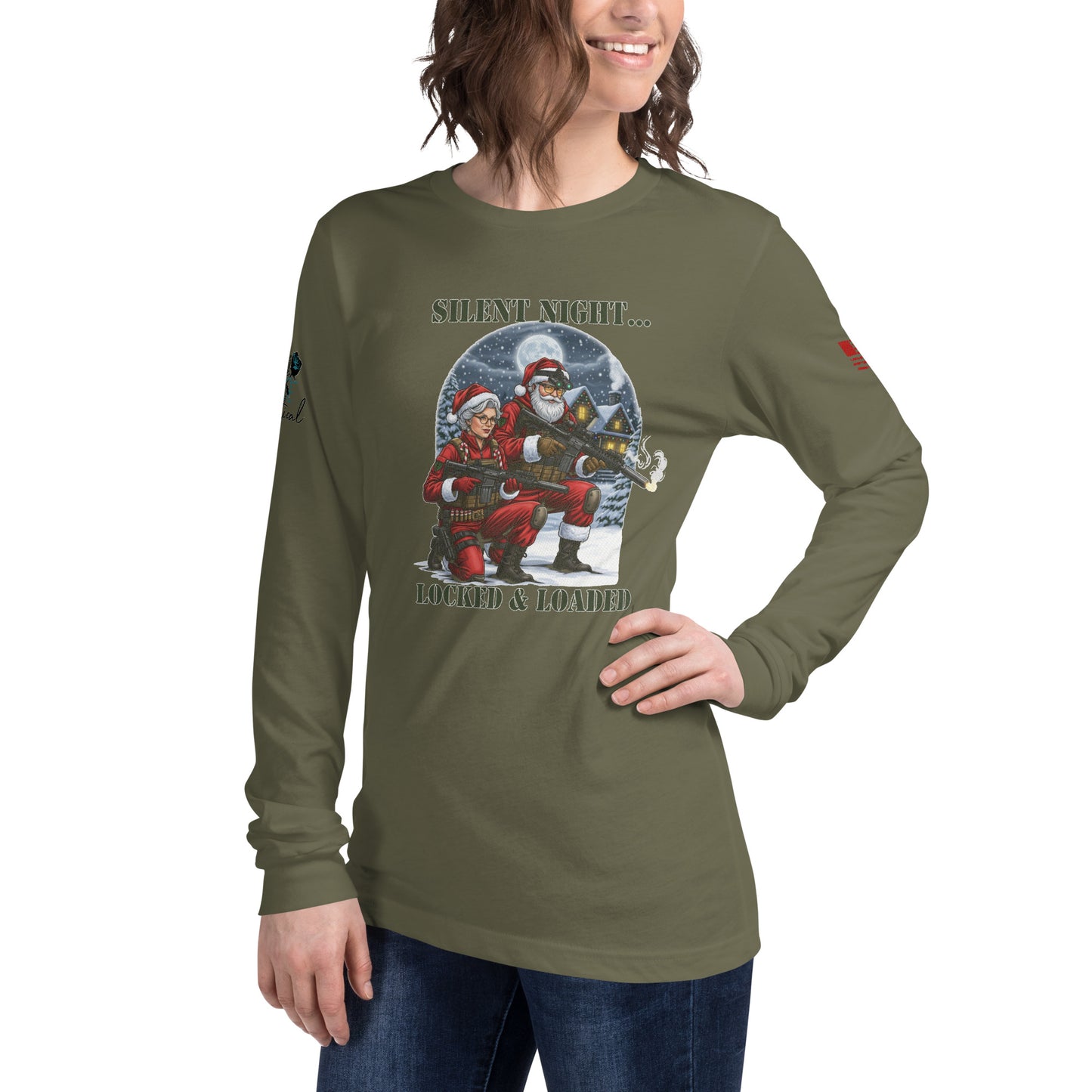 Close-up of Silent Night...Locked and Loaded graphic print on long sleeve cotton shirt.