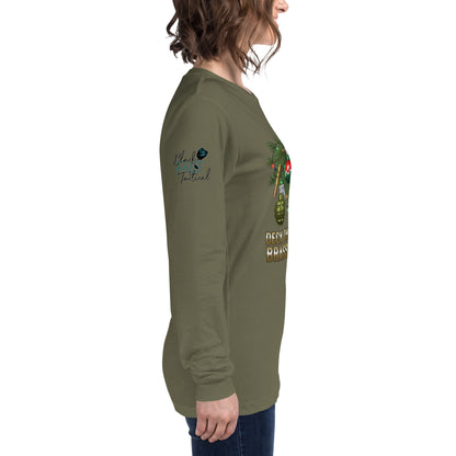 Deck the halls with brass and balls right sleeve with black rose tactical logo army green shirt