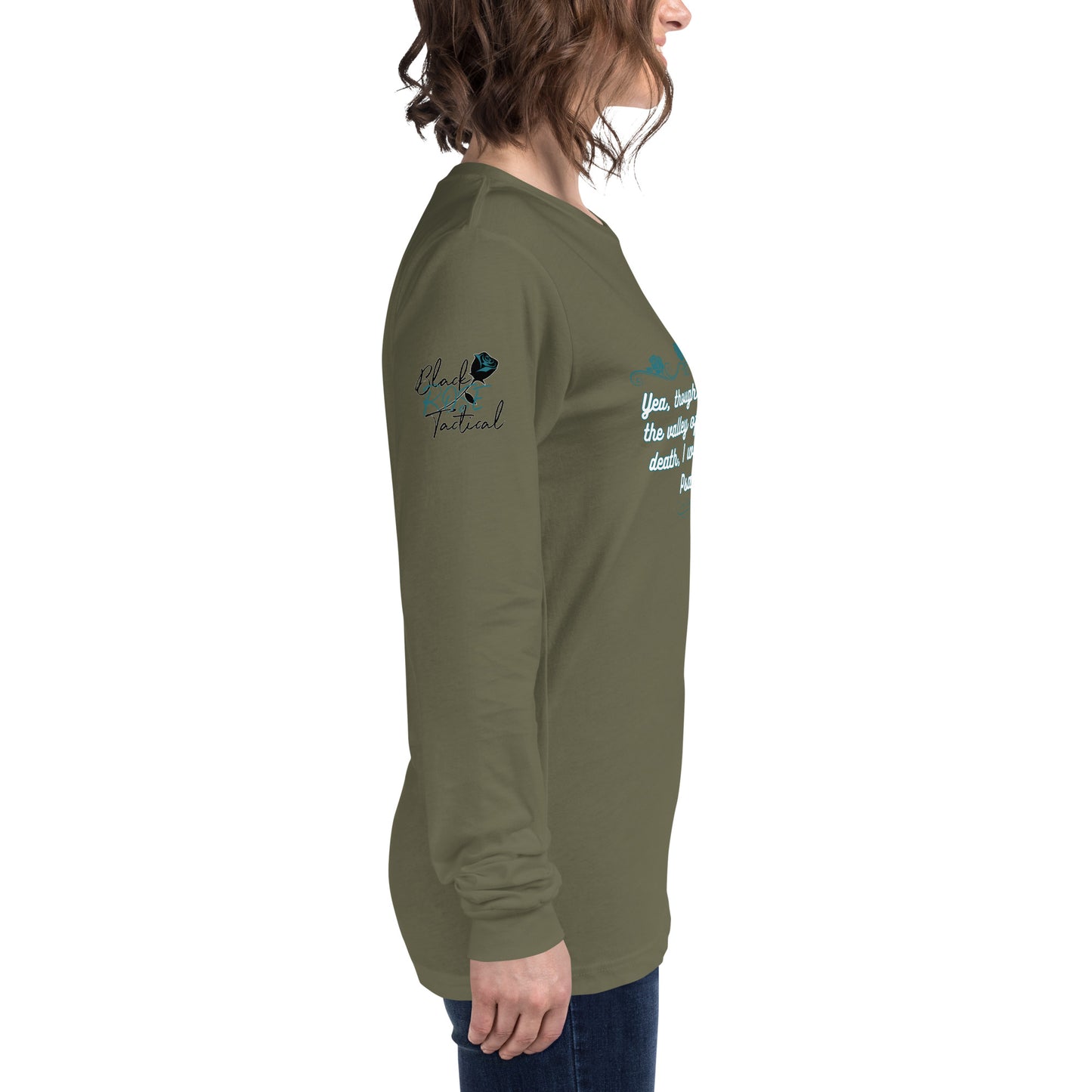 Side view of Psalms 23:4 faith long sleeve shirt on model right arm green
