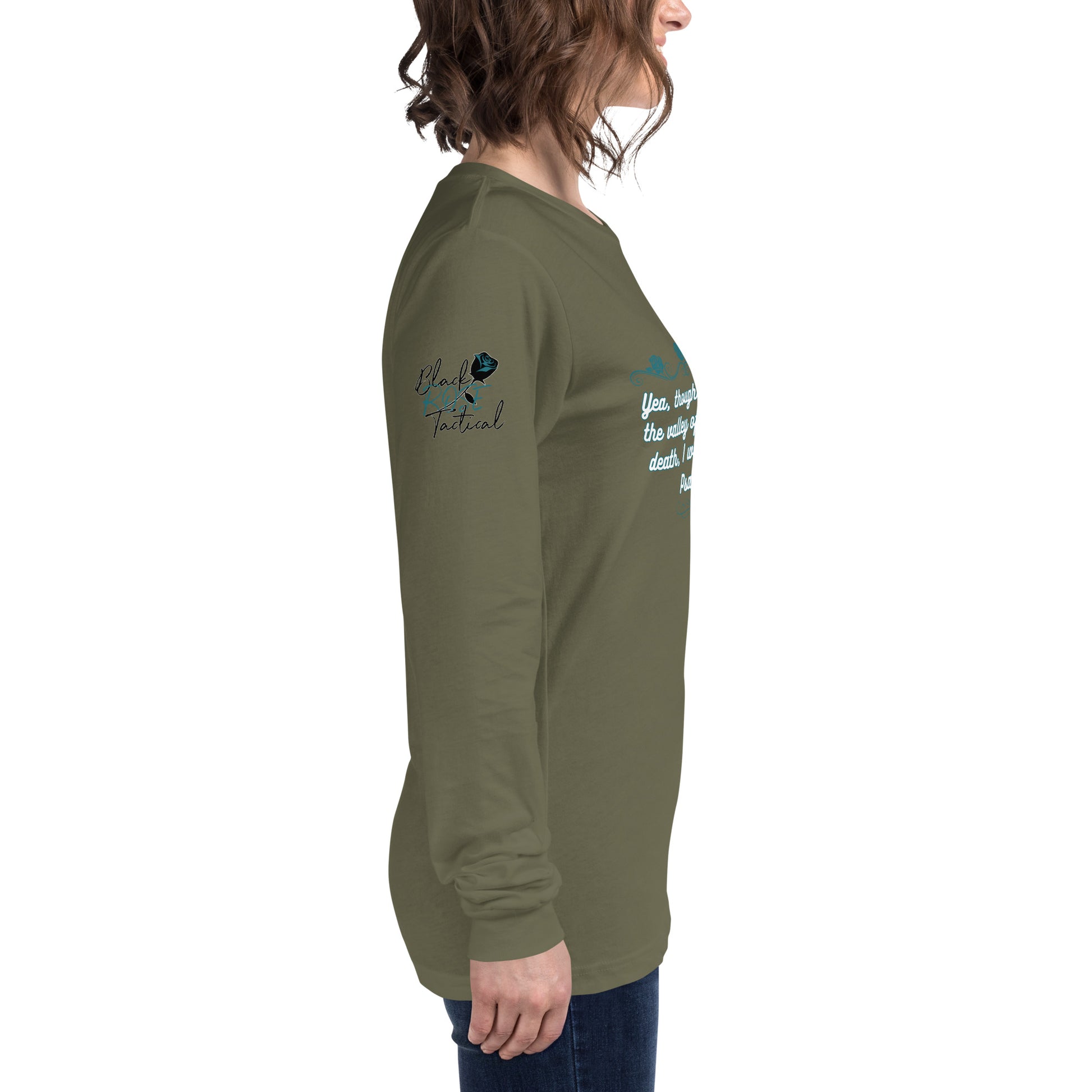 Side view of Psalms 23:4 faith long sleeve shirt on model right arm green