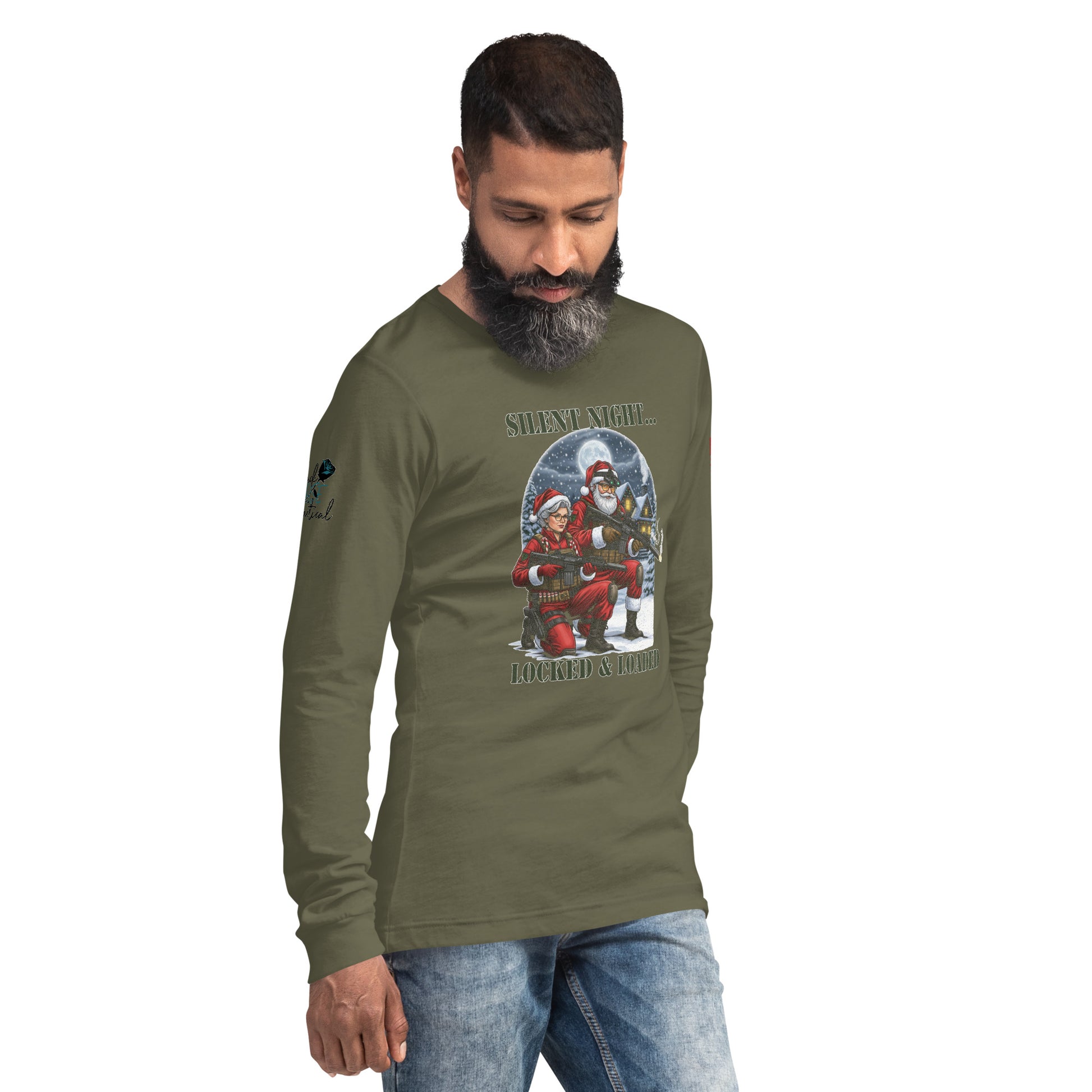 Man wearing Silent Night...Locked and Loaded long sleeve shirt in casual holiday setting