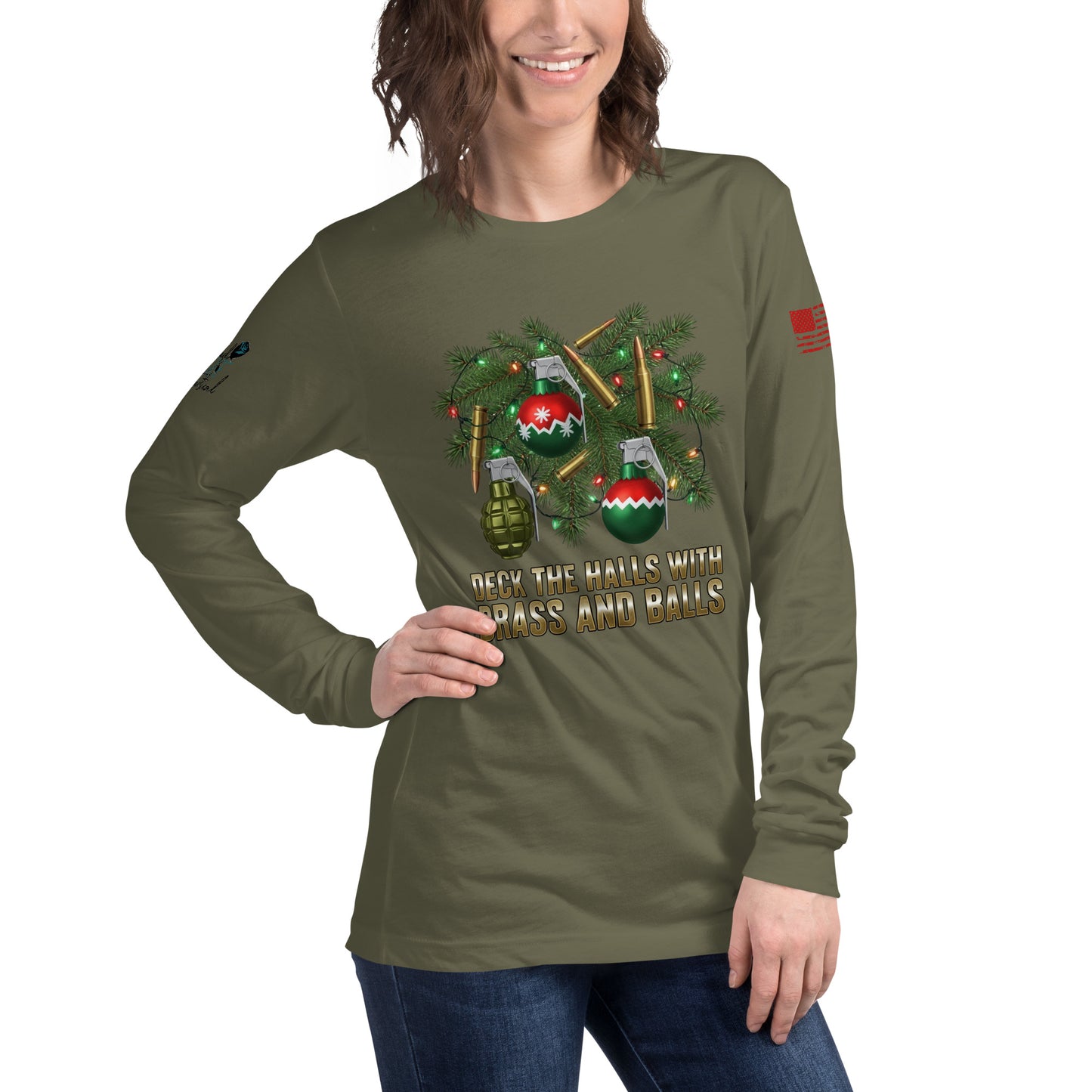 Close-up of Deck the Halls with Brass and Balls printed graphic on soft cotton long sleeve shirt army green