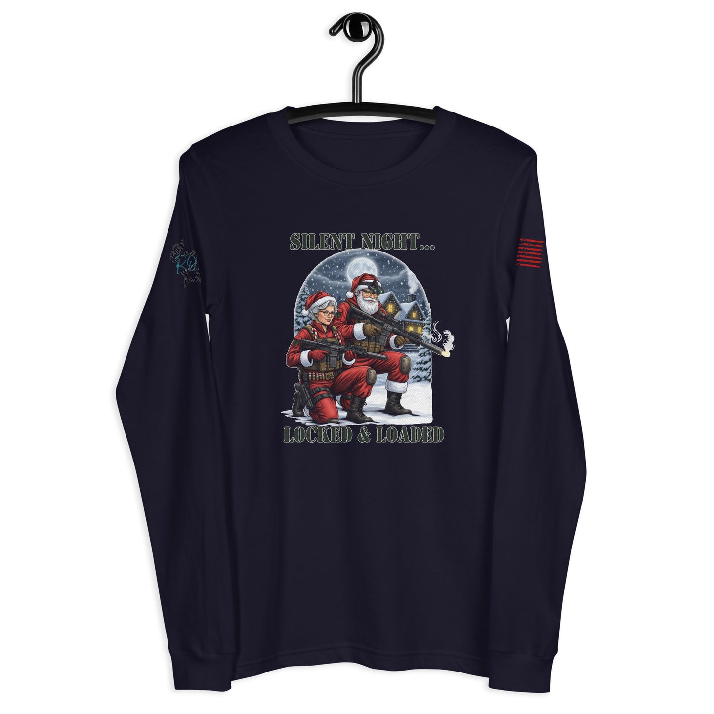 Silent Night...Locked and Loaded long sleeve shirt folded flat to show soft cotton texture and printed design.