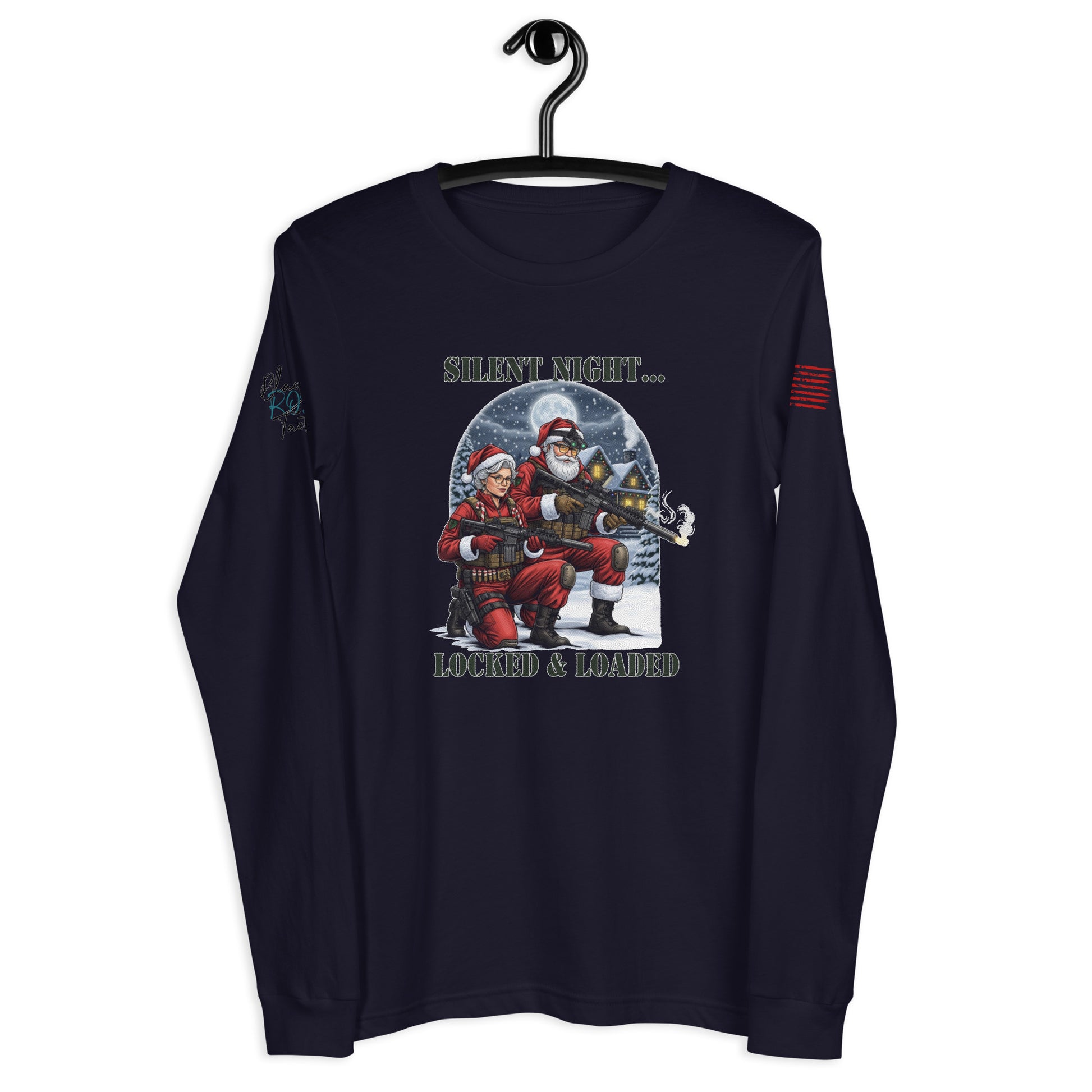 Silent Night...Locked and Loaded long sleeve shirt folded flat to show soft cotton texture and printed design.