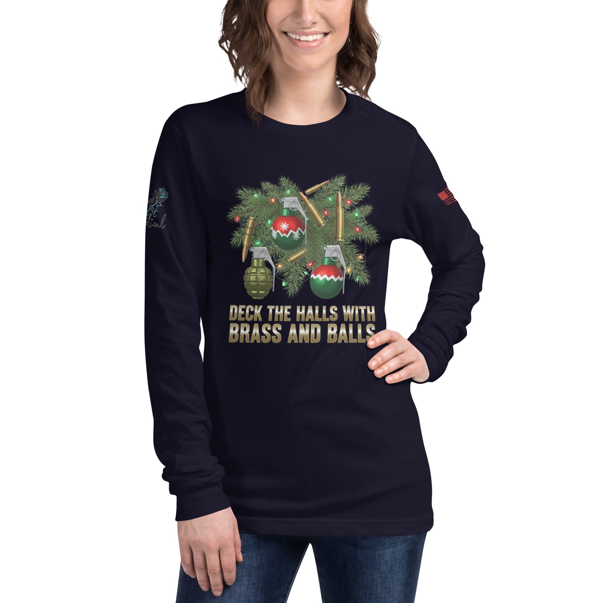 Womanan wearing Deck the Halls with Brass and Balls long sleeve shirt at outdoor holiday