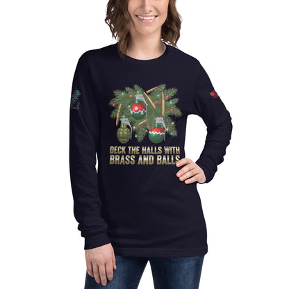 Womanan wearing Deck the Halls with Brass and Balls long sleeve shirt at outdoor holiday