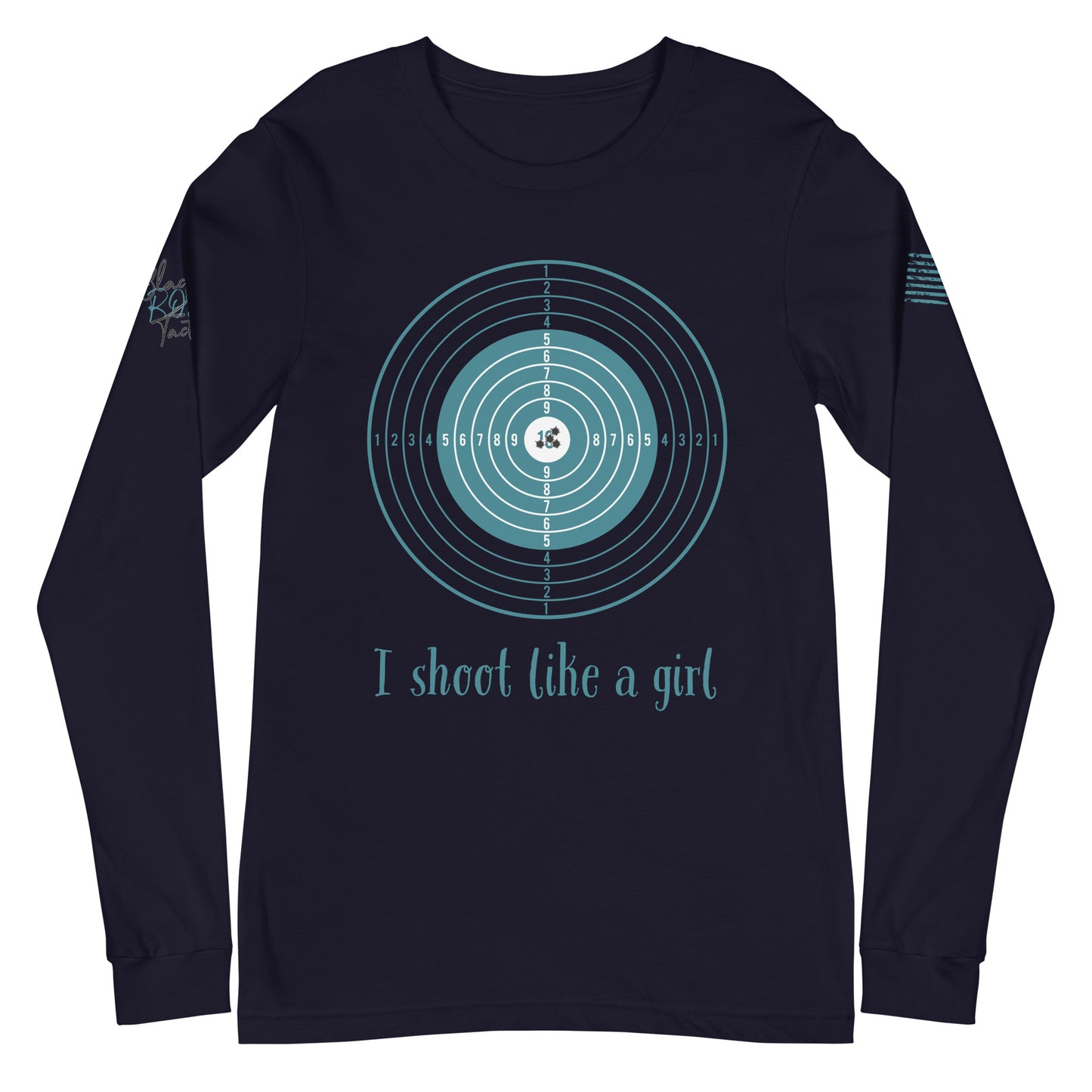 Close-up of I Shoot Like a Girl graphic on navy long sleeve tee