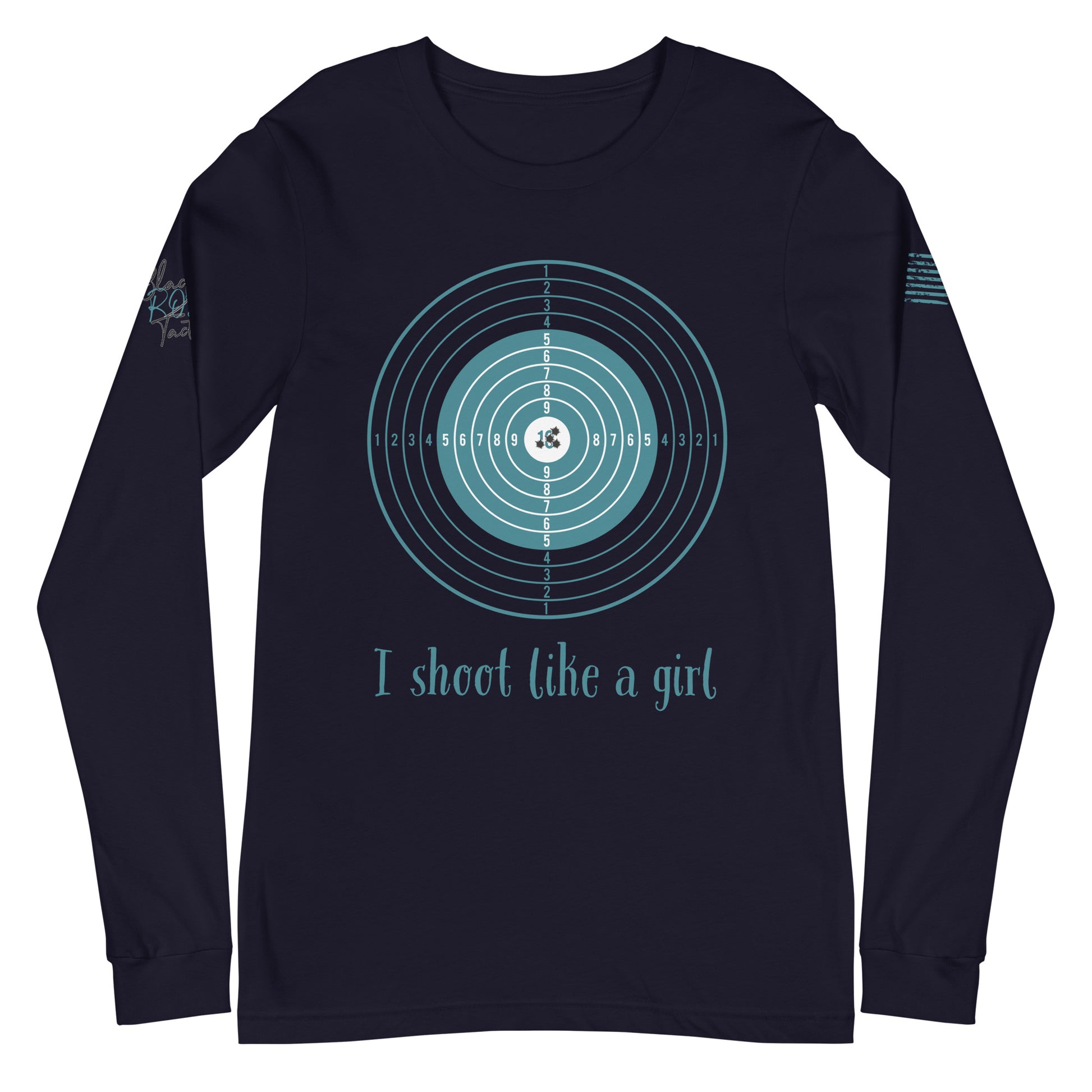 Close-up of I Shoot Like a Girl graphic on navy long sleeve tee