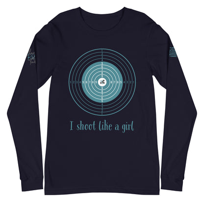Close-up of I Shoot Like a Girl graphic on navy long sleeve tee