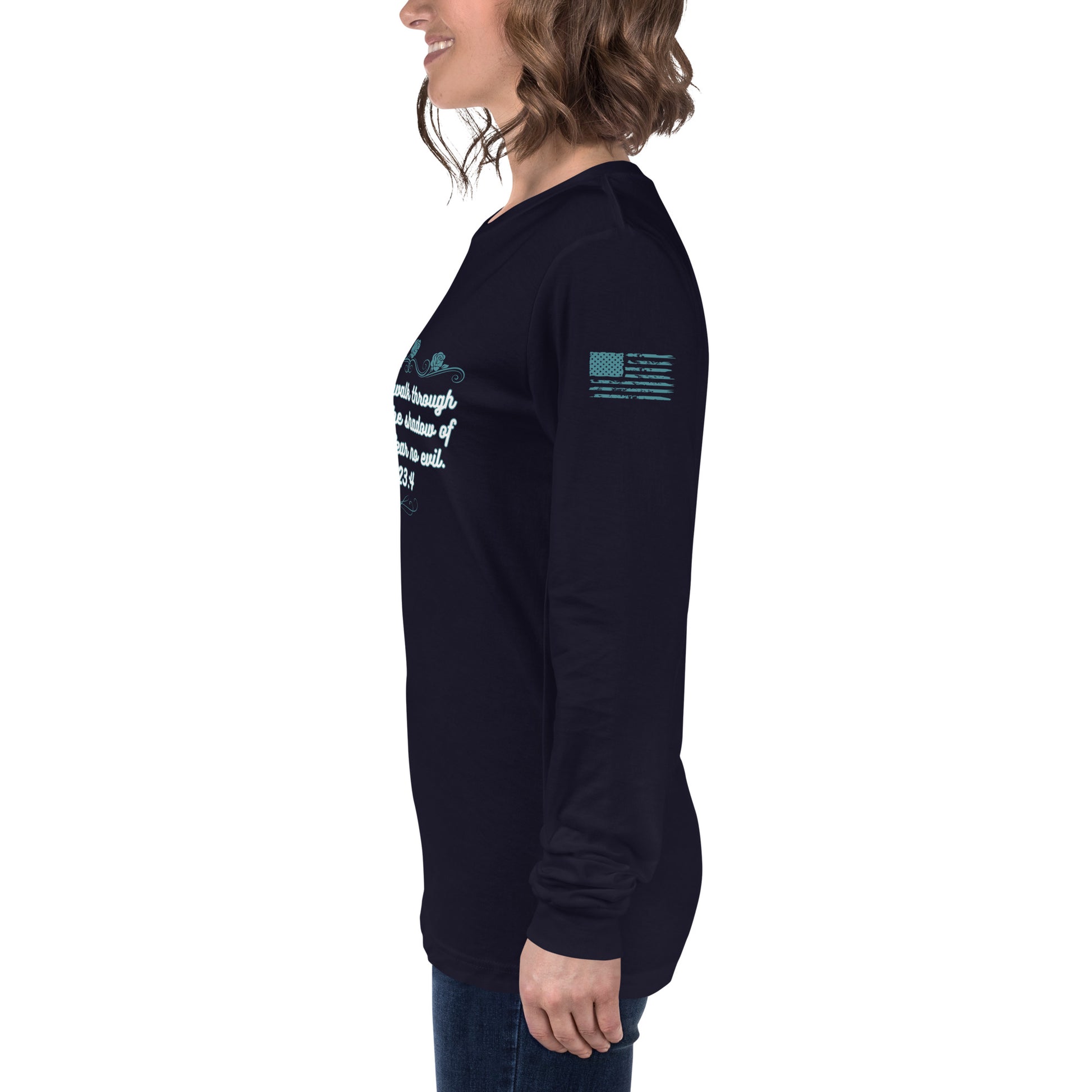 Side view of Psalms 23:4 faith long sleeve shirt on model left arm navy