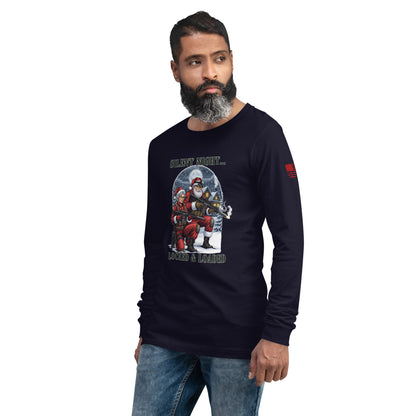 Man wearing Silent Night...Locked and Loaded long sleeve shirt in casual holiday setting