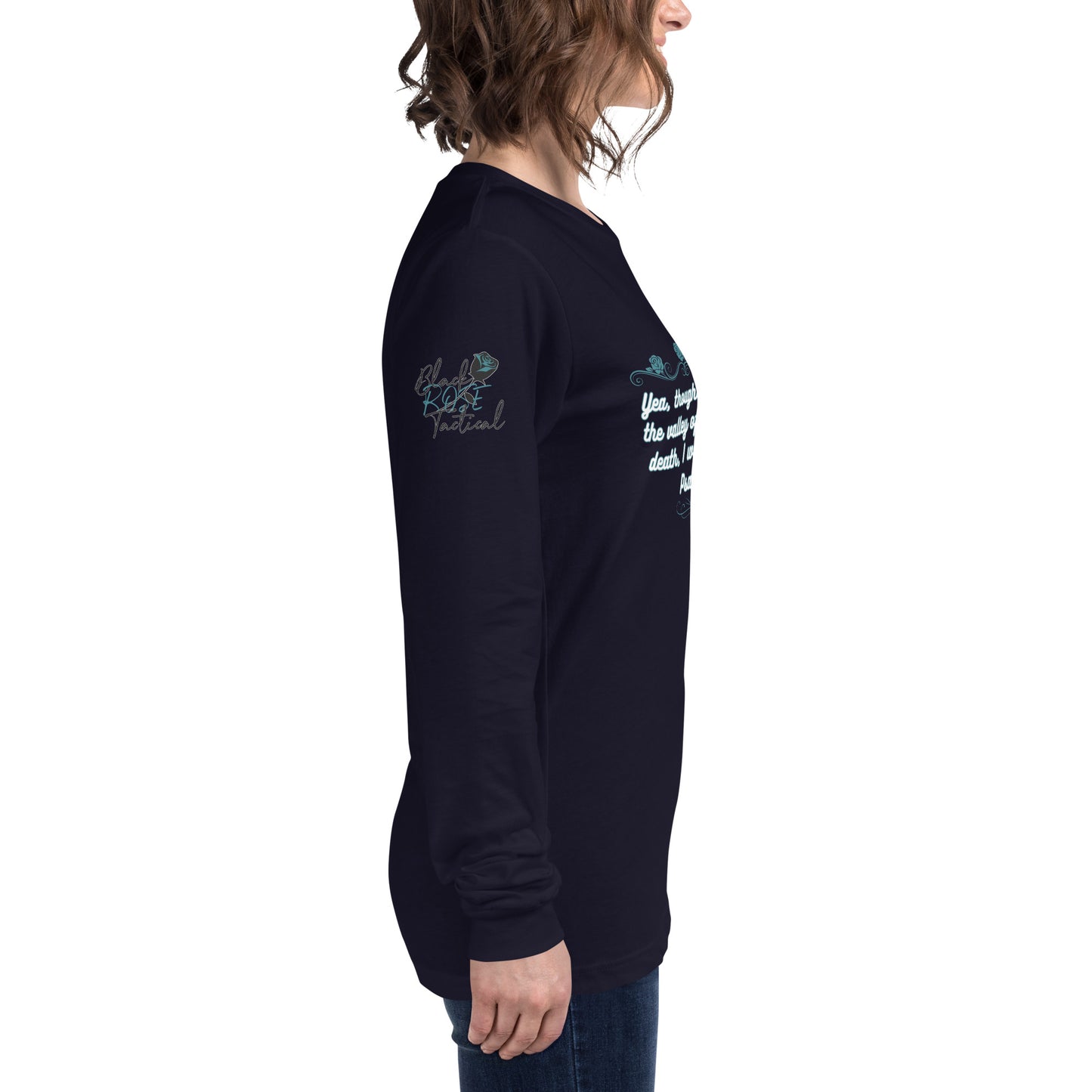 Side view of Psalms 23:4 faith long sleeve shirt on model right arm navy