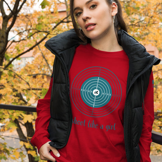 Model wearing I Shoot Like a Girl long sleeve shirt standing outdoors