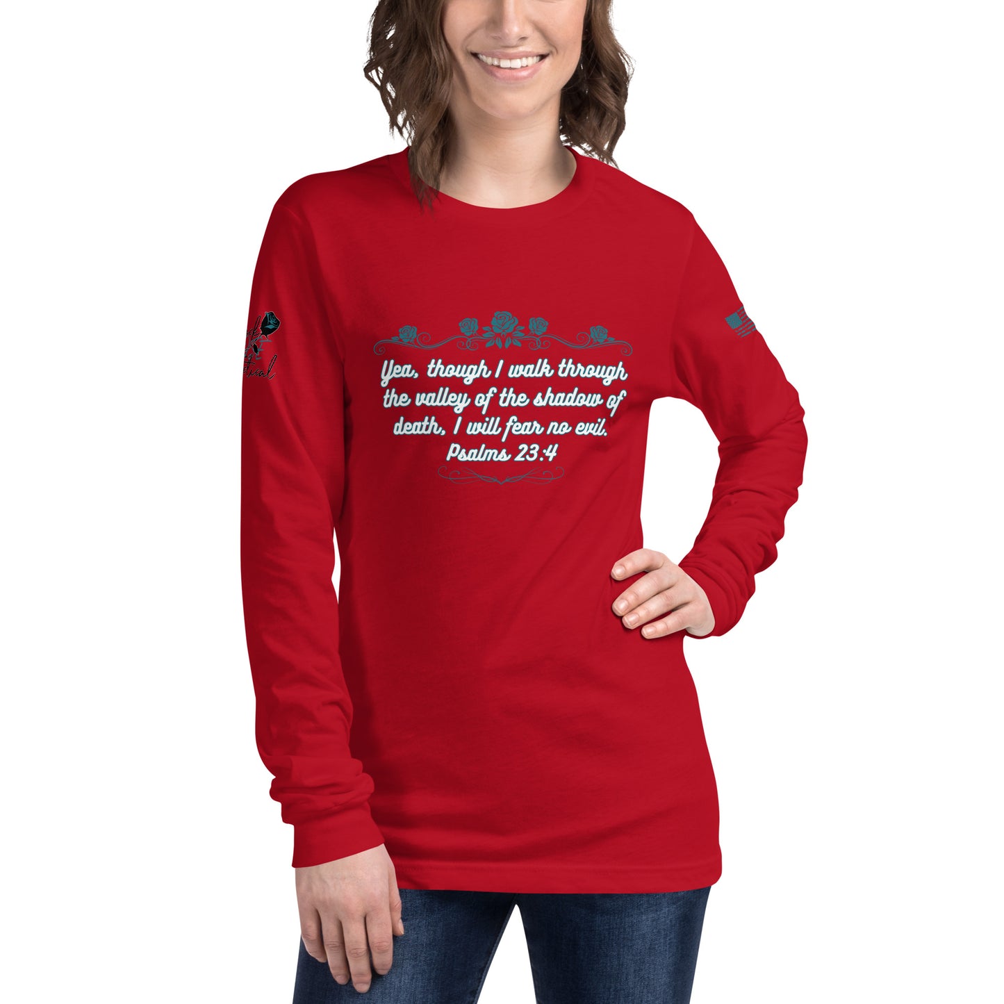 Christian long sleeve shirt shown on model front view red