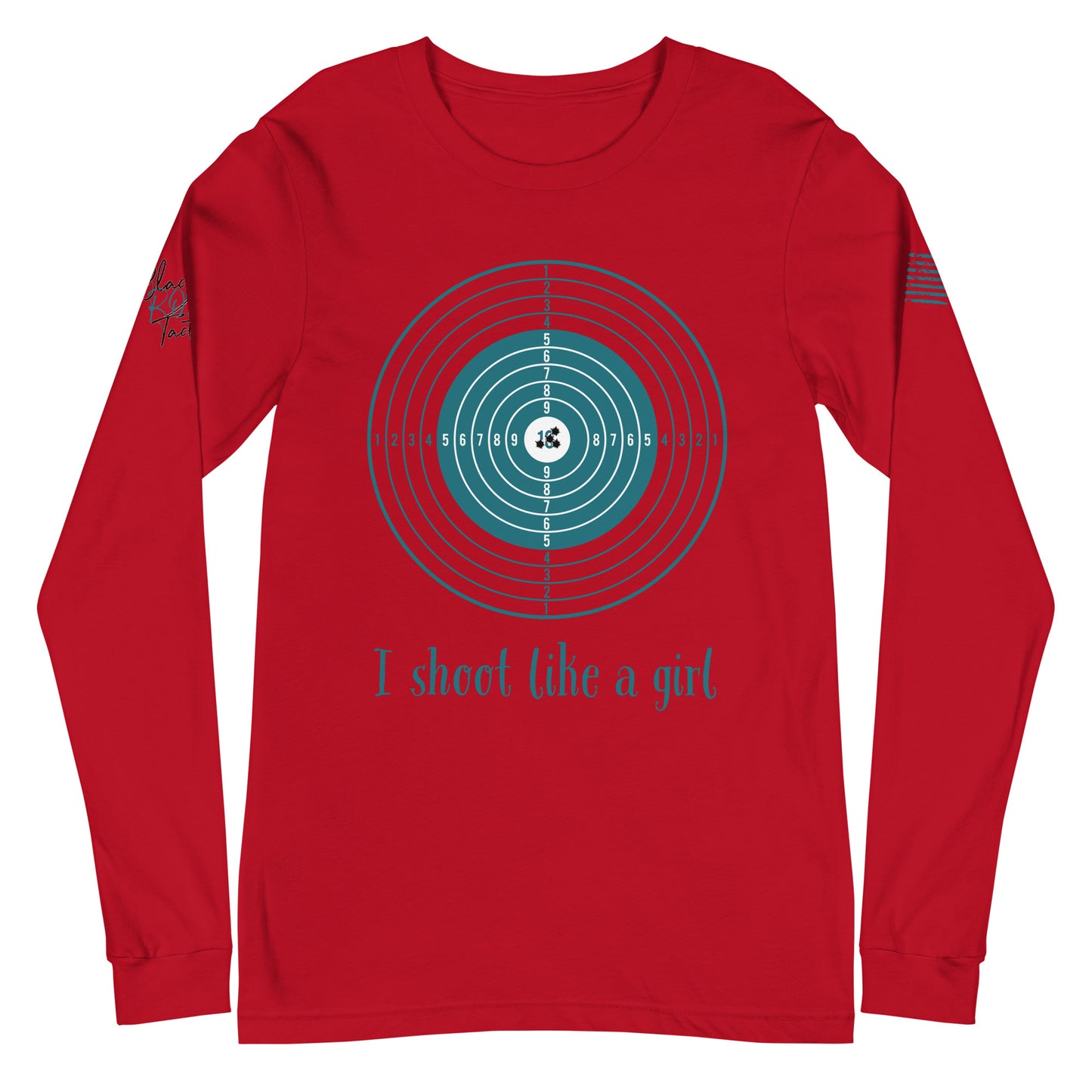 Close-up of I Shoot Like a Girl graphic on red long sleeve tee