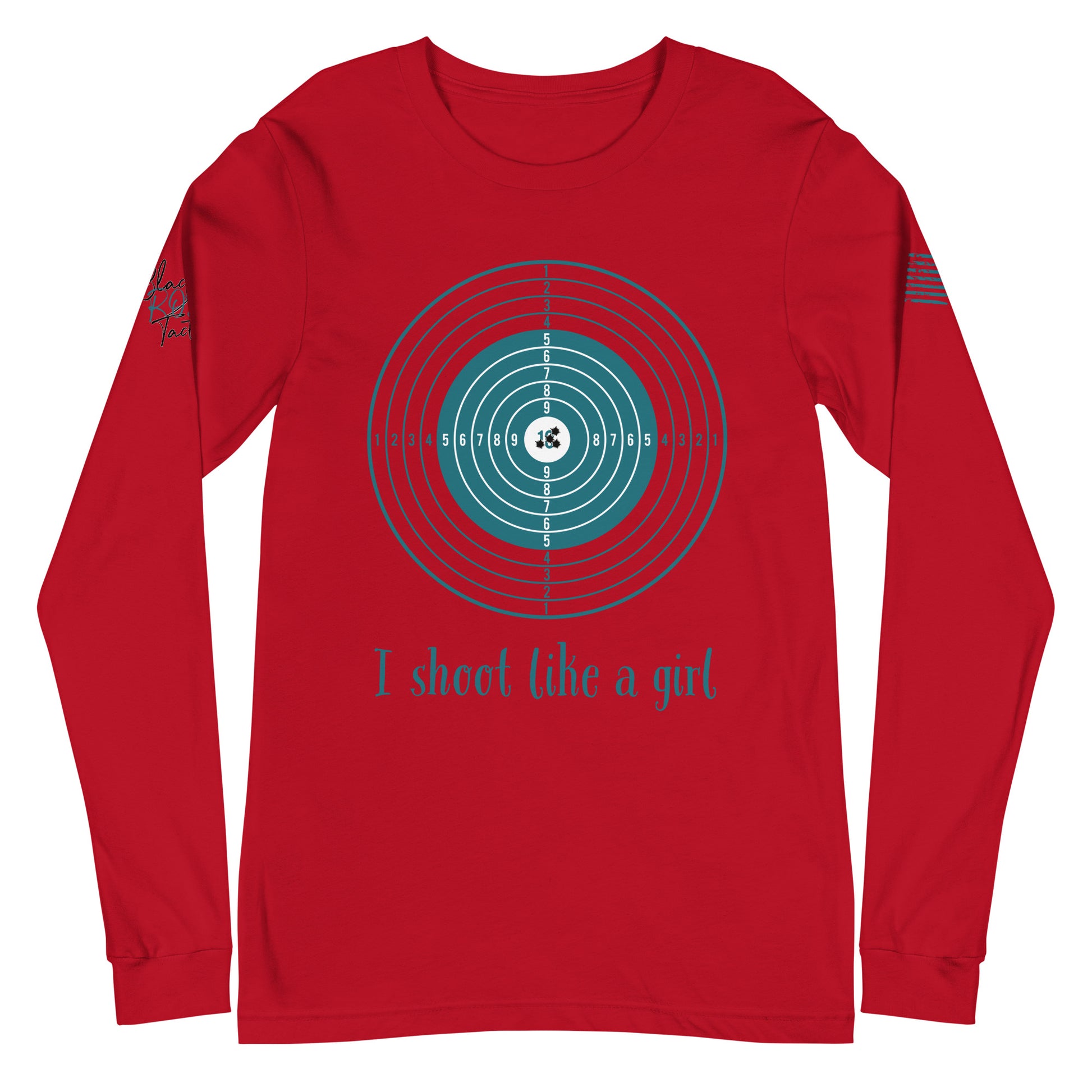 Close-up of I Shoot Like a Girl graphic on red long sleeve tee