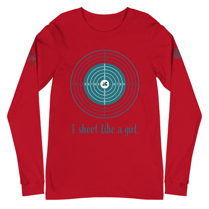 Close-up of I Shoot Like a Girl graphic on red long sleeve tee