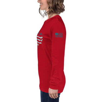 Side view of Psalms 23:4 faith long sleeve shirt on model left arm red
