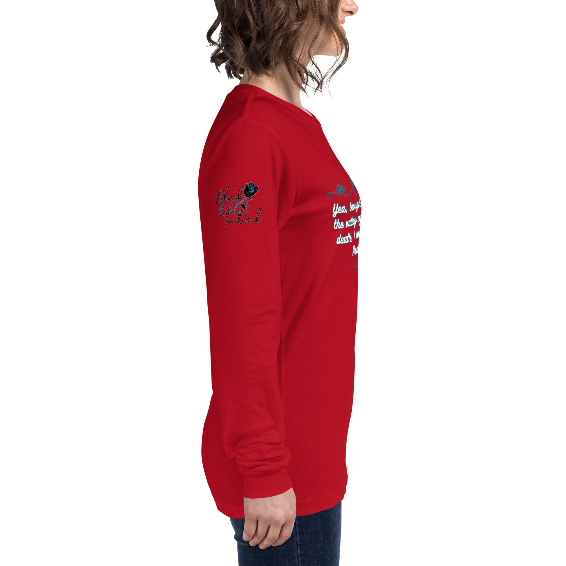 Side view of Psalms 23:4 faith long sleeve shirt on model right arm red