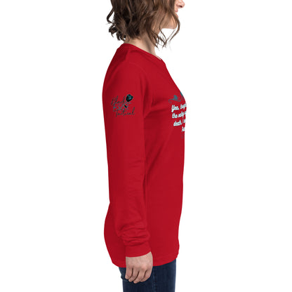Side view of Psalms 23:4 faith long sleeve shirt on model right arm red