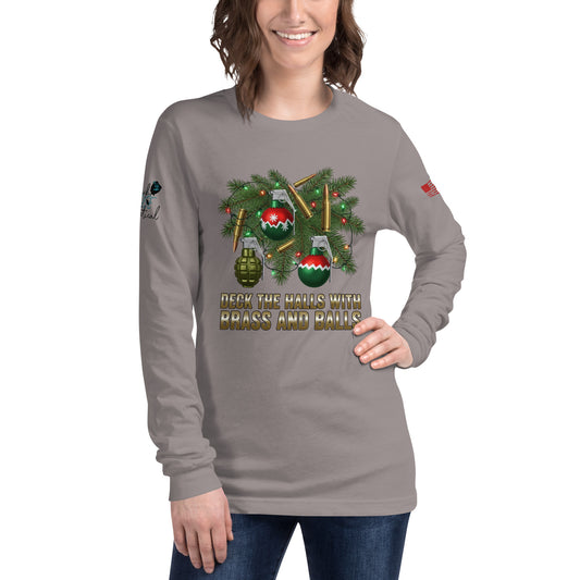 Deck the Halls with Brass and Balls long sleeve shirt featuring bold tactical holiday design on front gray shirt