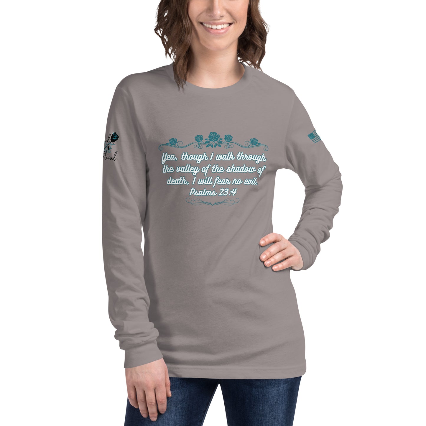 Christian long sleeve shirt shown on model front view gray