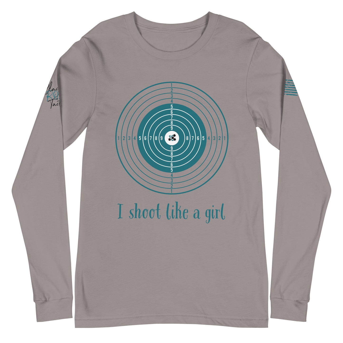 Close-up of I Shoot Like a Girl graphic on gray long sleeve tee