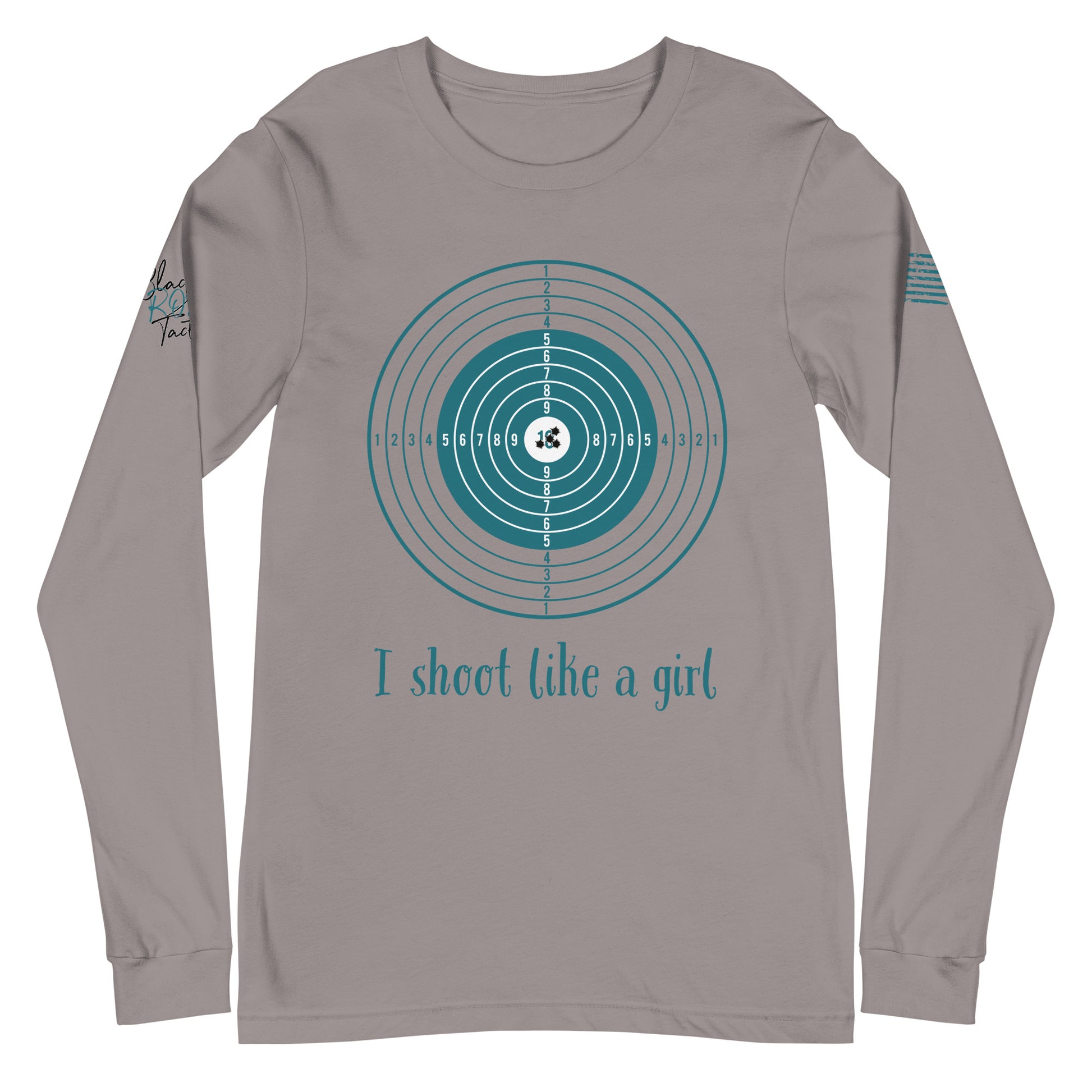 Close-up of I Shoot Like a Girl graphic on gray long sleeve tee