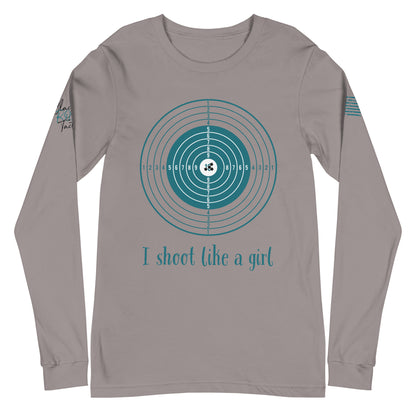 Close-up of I Shoot Like a Girl graphic on gray long sleeve tee