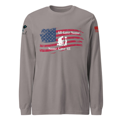 Front view of unisex long sleeve shirt with “All Gave Some, Some Gave All” patriotic design gray