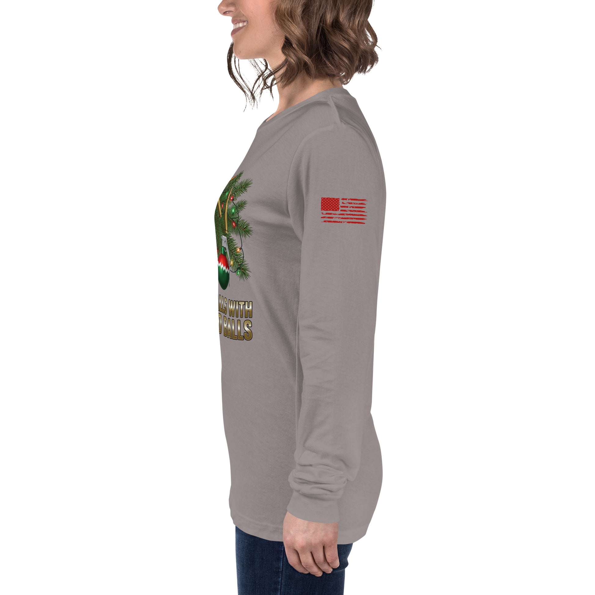 Deck the Halls American Flag on Left Sleeve gray shirt