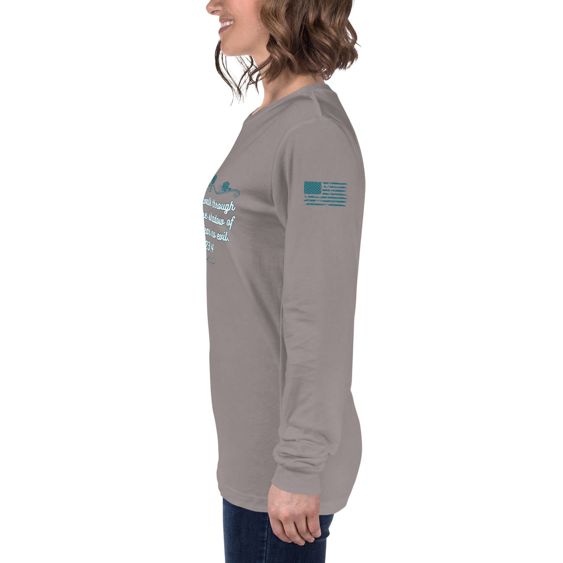 Side view of Psalms 23:4 faith long sleeve shirt on model left arm gray