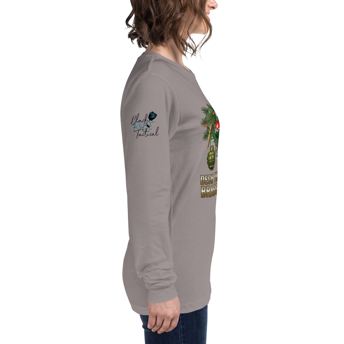 Deck the halls with brass and balls right sleeve with black rose tactical logo gray shirt