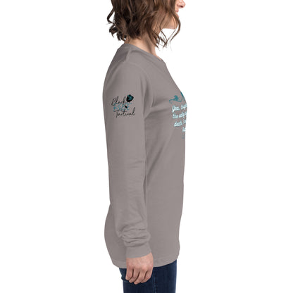 Side view of Psalms 23:4 faith long sleeve shirt on model right arm gray