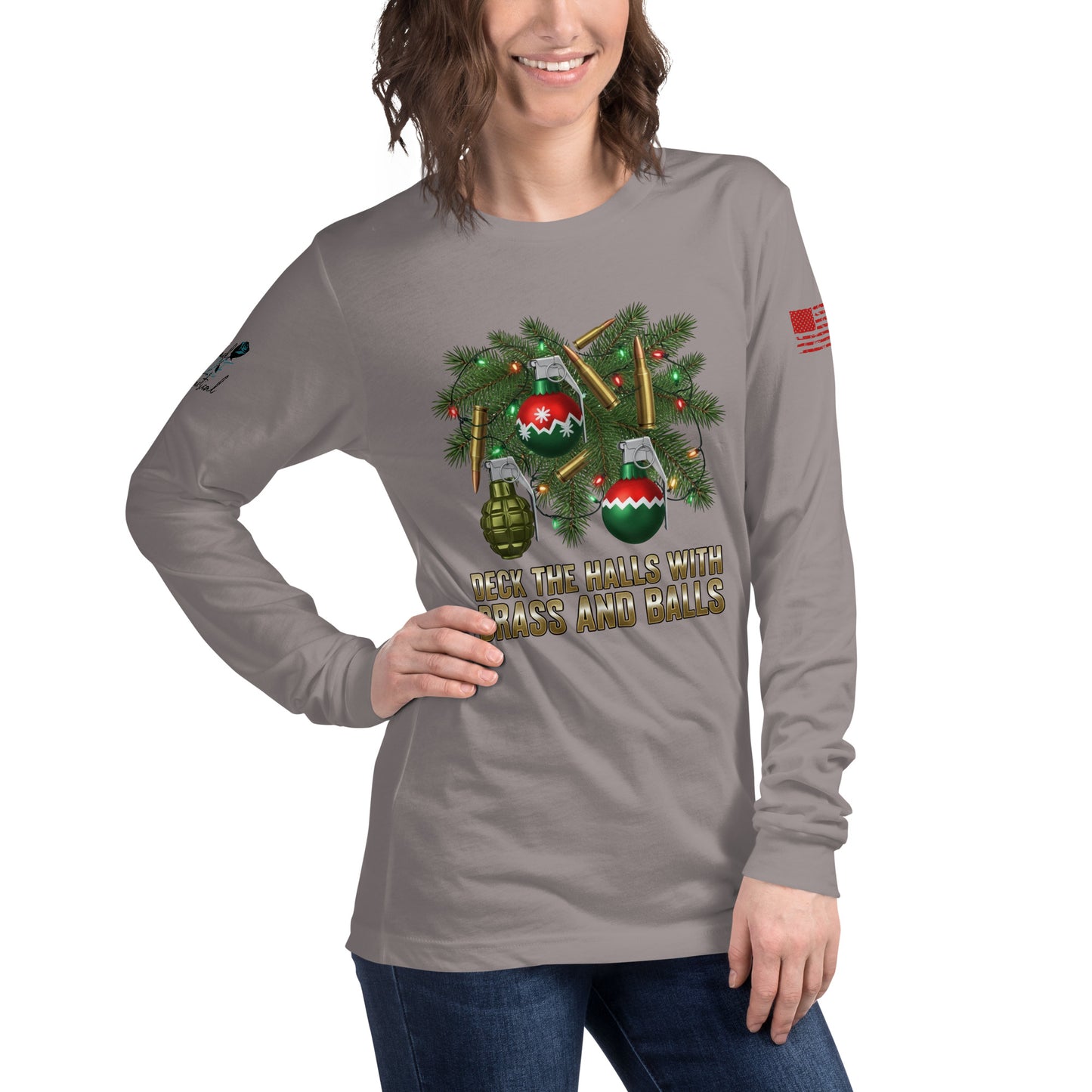 Close-up of Deck the Halls with Brass and Balls printed graphic on soft cotton long sleeve shirt gray