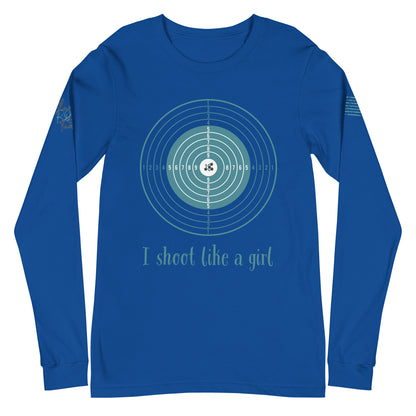 Close-up of I Shoot Like a Girl graphic on blue long sleeve tee