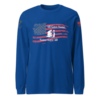 Front view of unisex long sleeve shirt with “All Gave Some, Some Gave All” patriotic design blue