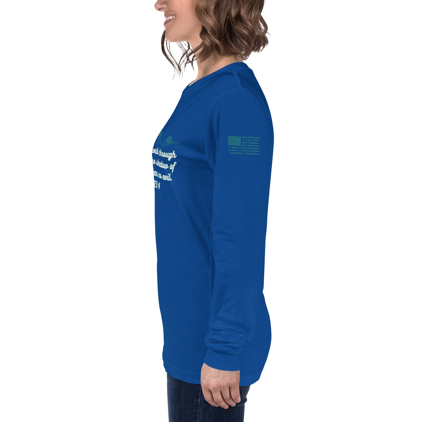 Side view of Psalms 23:4 faith long sleeve shirt on model left arm blue