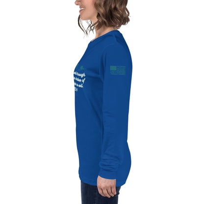 Side view of Psalms 23:4 faith long sleeve shirt on model left arm blue