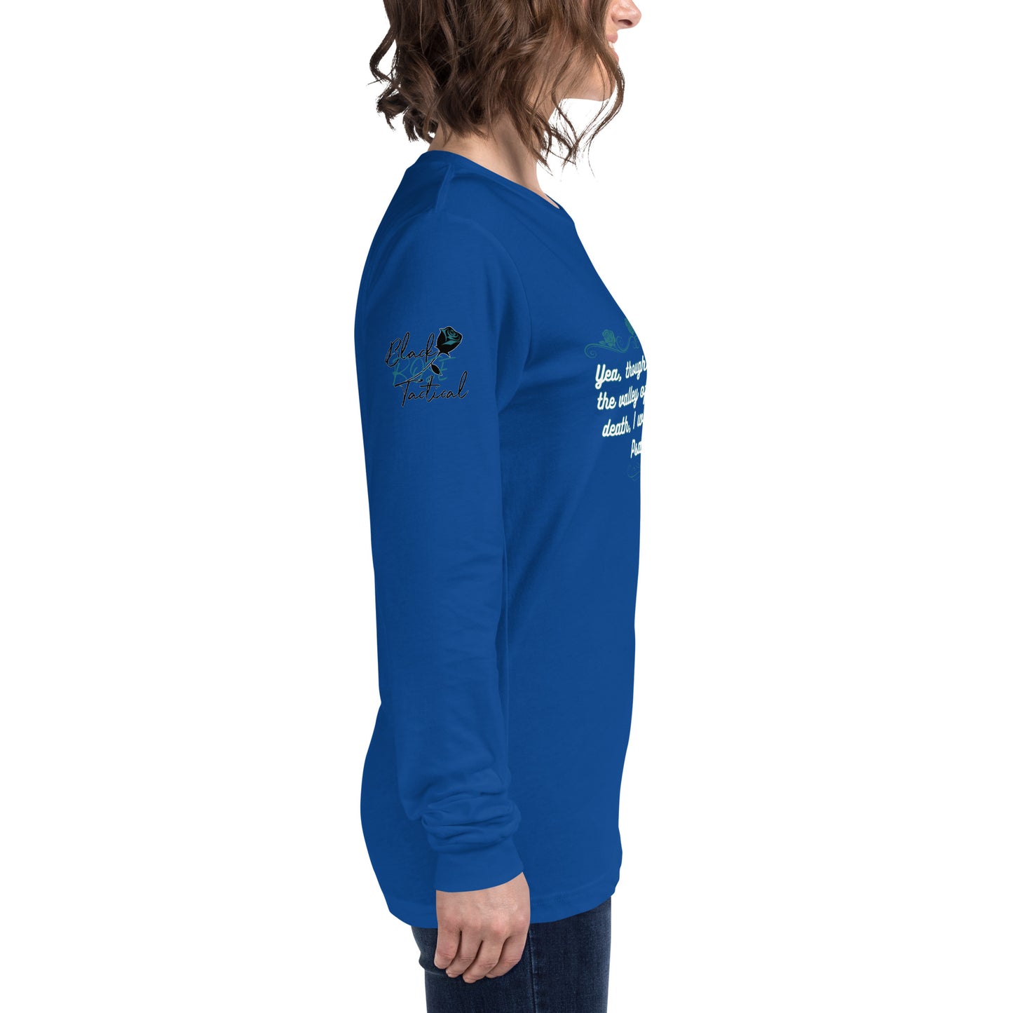 Side view of Psalms 23:4 faith long sleeve shirt on model right arm blue