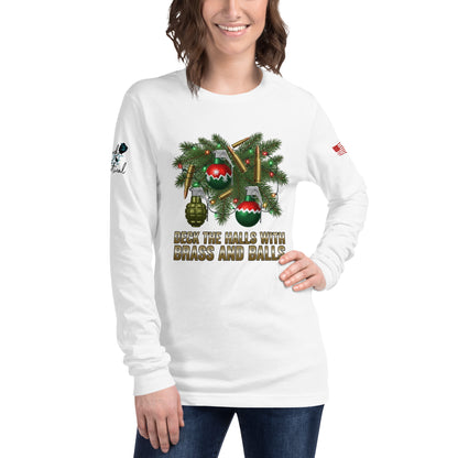 Deck the Halls with Brass and Balls long sleeve shirt featuring bold tactical holiday design on front white shirt