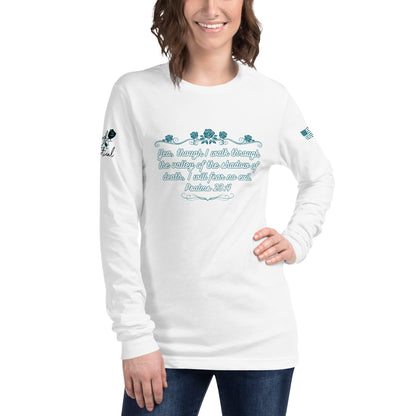 Christian long sleeve shirt shown on model front view white