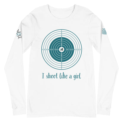 Close-up of I Shoot Like a Girl graphic on white long sleeve tee