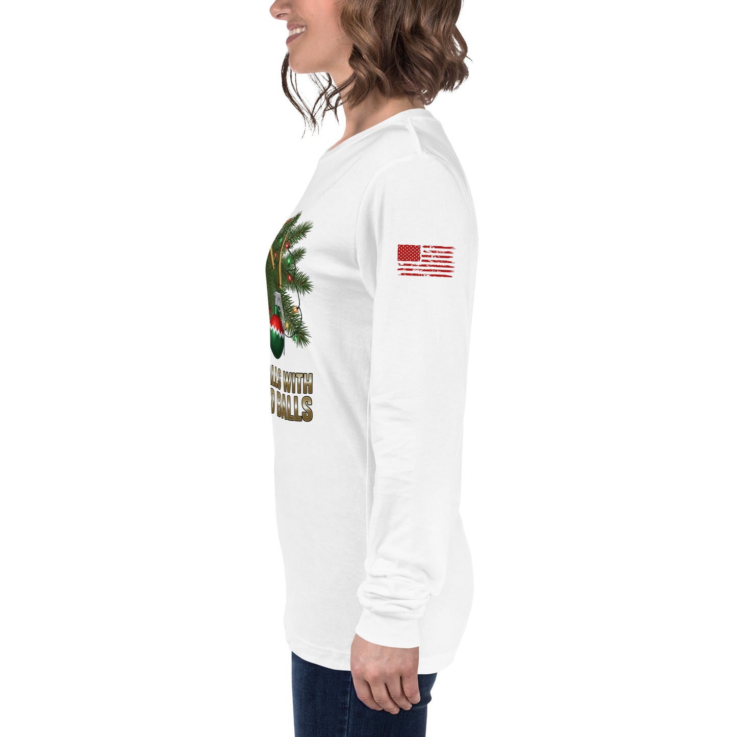 Deck the Halls American Flag on Left Sleeve white shirt