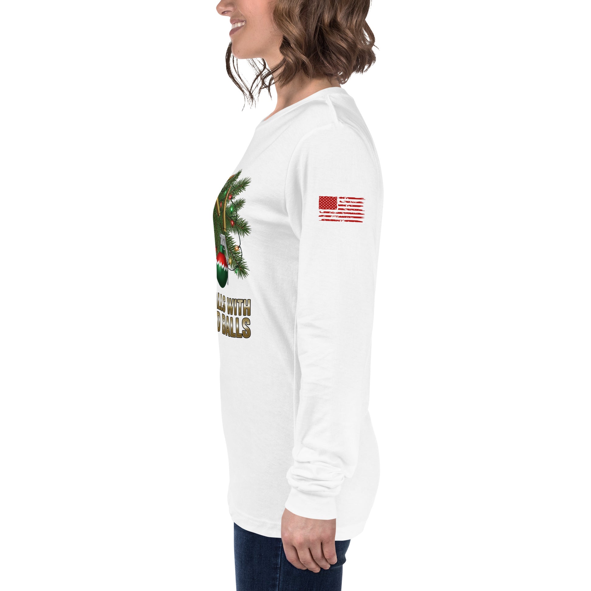 Deck the Halls American Flag on Left Sleeve white shirt