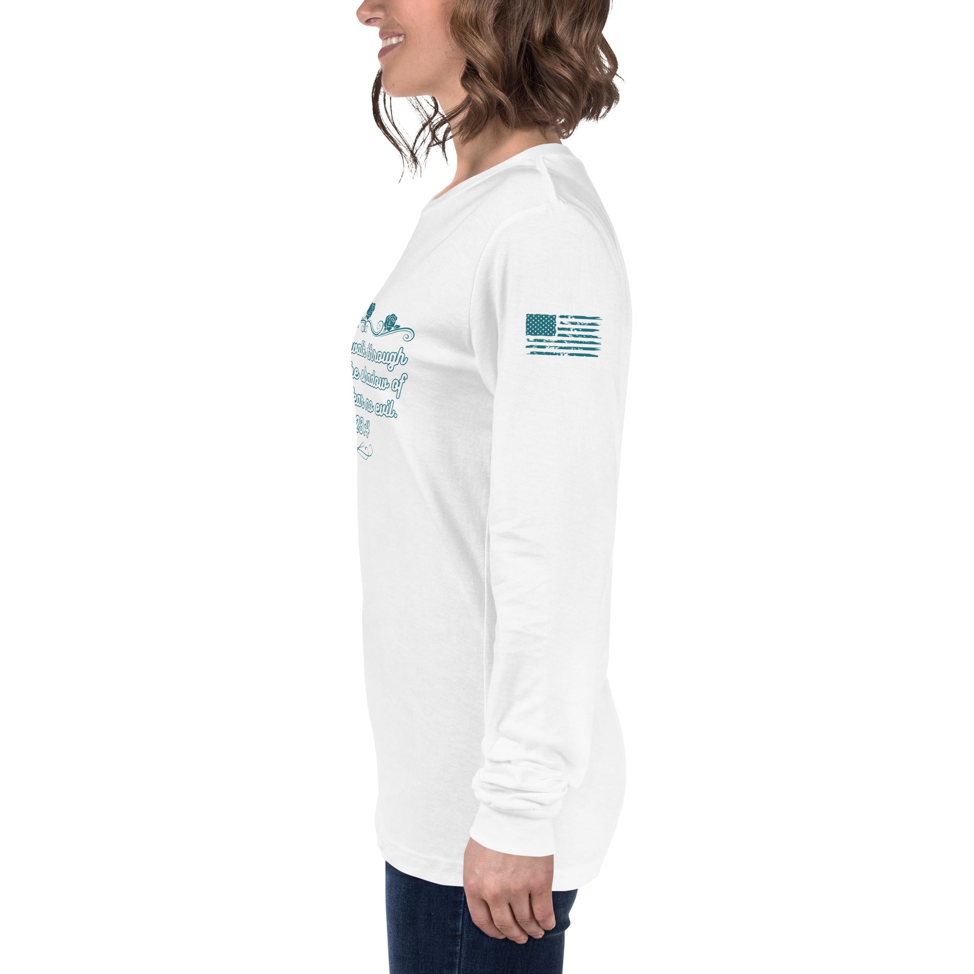 Side view of Psalms 23:4 faith long sleeve shirt on model left arm white