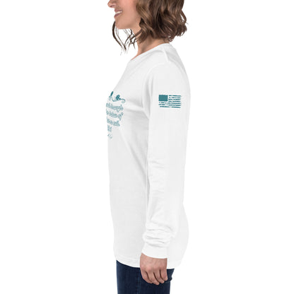 Side view of Psalms 23:4 faith long sleeve shirt on model left arm white